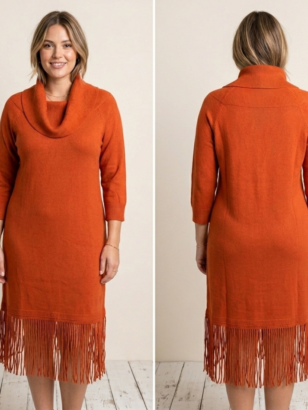 Cowl Neck Fringe Midi Sweater Dress - Orange